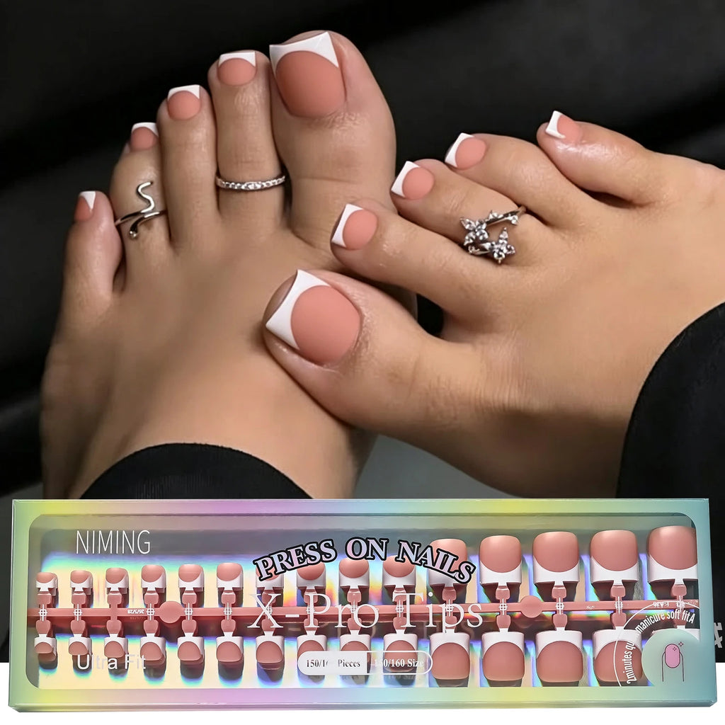 150Pcs Matte Press-On False Toenails – French Pink & White Tips Press-On Toenails PRIMED