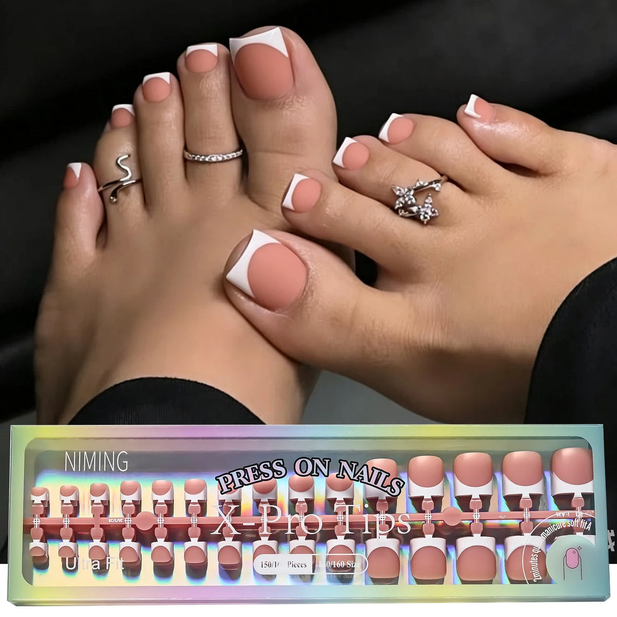 150Pcs Matte Press-On False Toenails – French Pink & White Tips