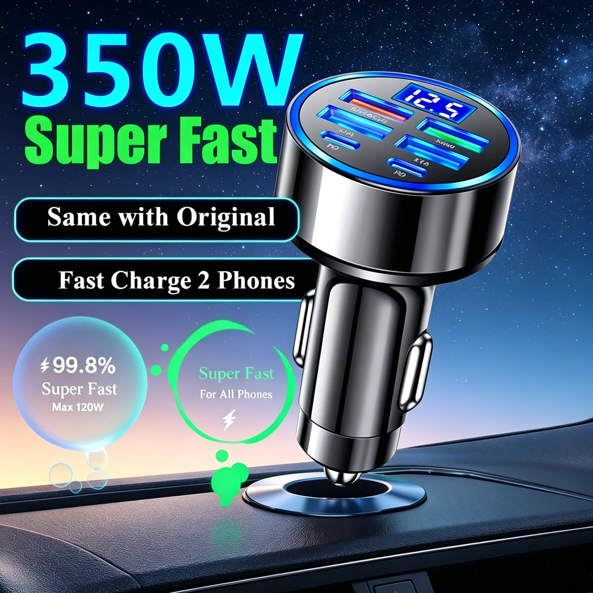 6-in-1 120W USB Car Charger PD QC3.0 – 4A + 2C Ports USB Car Charger PRIMED