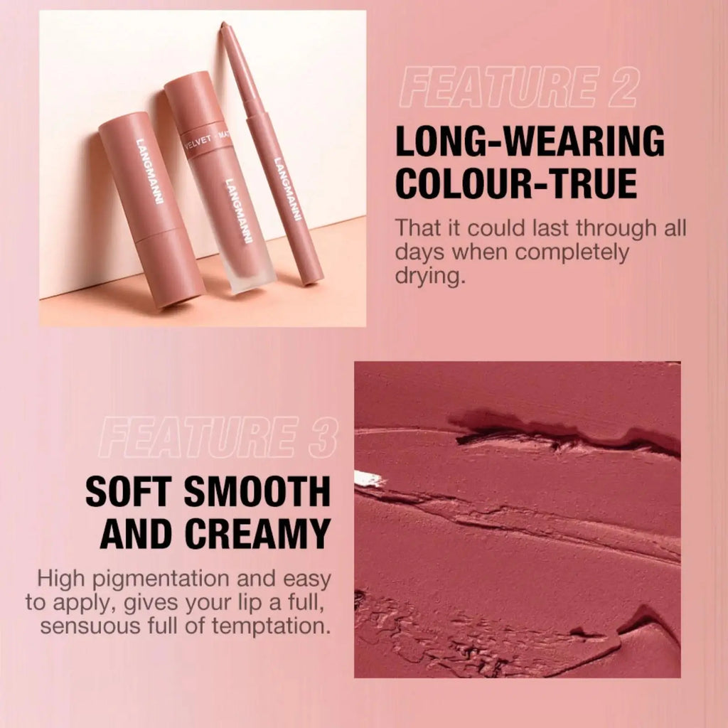 LANGMANNI 3-Piece Matte Lipstick & Lip Liner Kit – Long Wear Lip Makeup Kit PRIMED