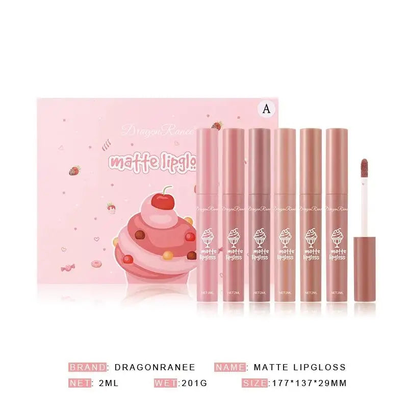 Dragon Ranee 6-Color Velvet Matte Lip Gloss Set | Long-Lasting Matte Lip Gloss Set PRIMED