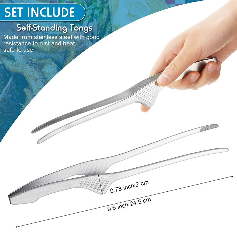 LMETJMA Stainless Steel BBQ Grill Tongs | Self-Standing Kitchen BBQ Grill Tongs PRIMED