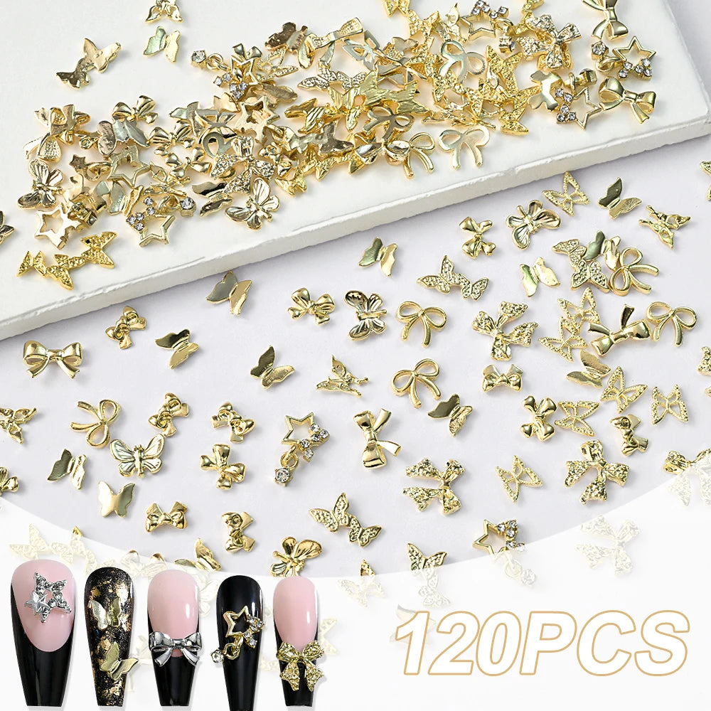 120Pcs 3D Nail Charms – Bows, Butterflies & Star Frames Nail Art Charms PRIMED