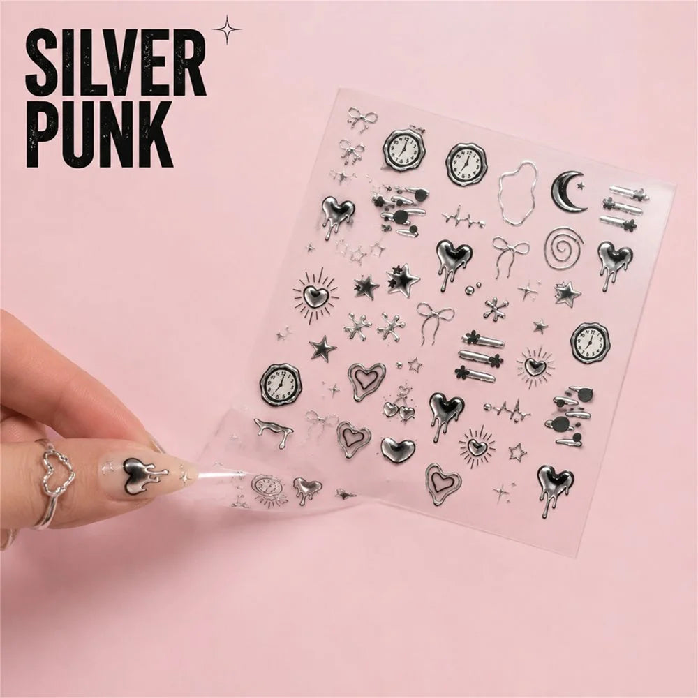 Punk Y2K 5D Silver Nail Stickers – Gothic DIY Nail Decals
