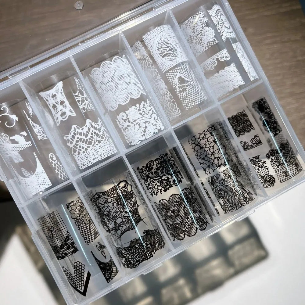 Lace Rose Nail Foil Stickers – Black White Sequin Manicure