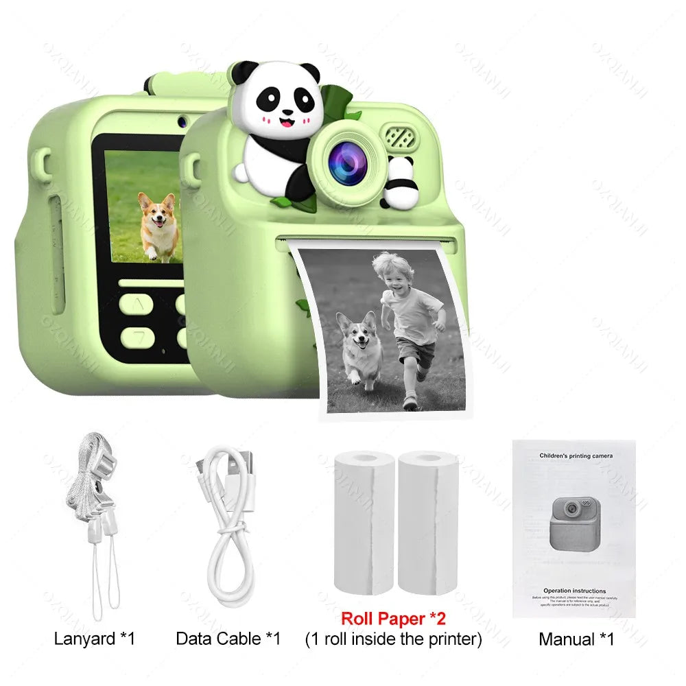 Kids Instant Print Camera 1080P HD Dual Lens 58mm Thermal Printer Kids Instant Camera PRIMED Panda Green