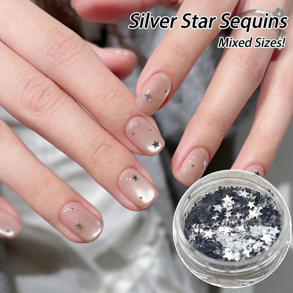 Silver Star Glitter Nail Sequins – Mixed Pentagram Manicure Decor