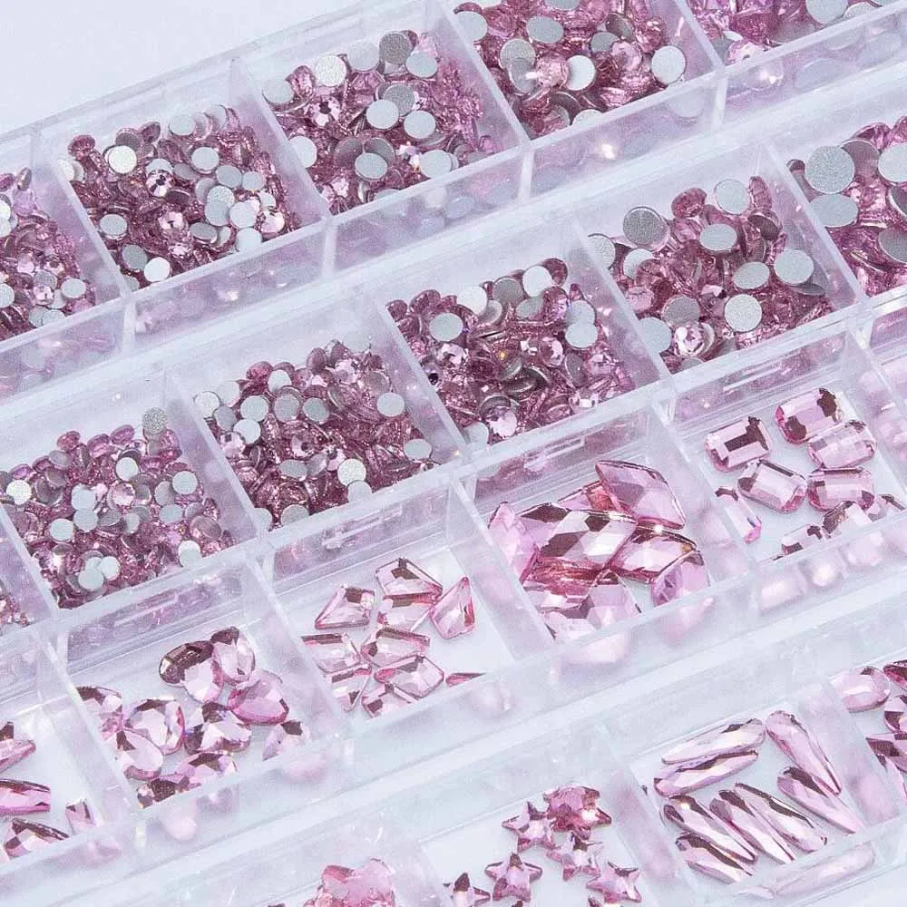 12-Grid Pink Mirror Nail Rhinestones – Mixed Crystal Art Set Nail Art Rhinestones PRIMED