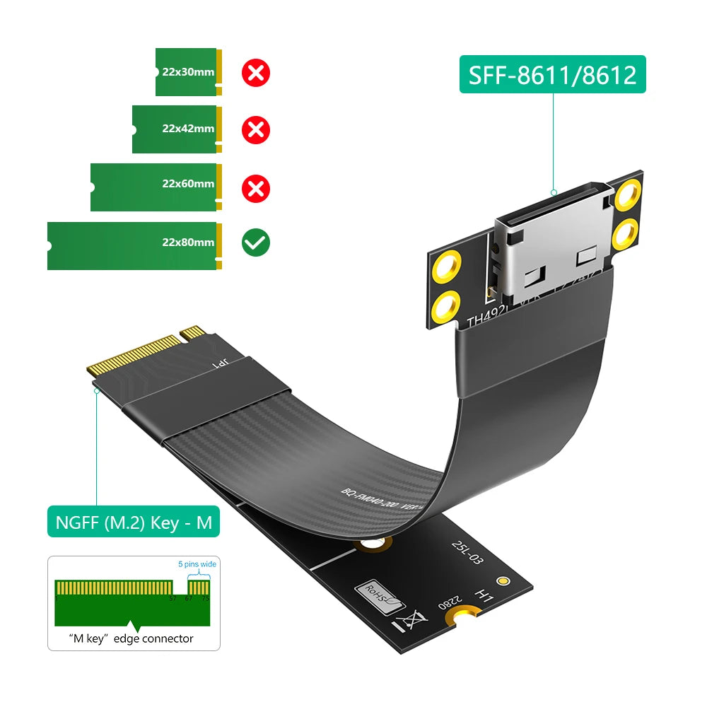 TISHRIC M.2 NVMe to Oculink SFF-8612 PCIe 4.0 Gen4 Cable PCIe Extension Cable PRIMED