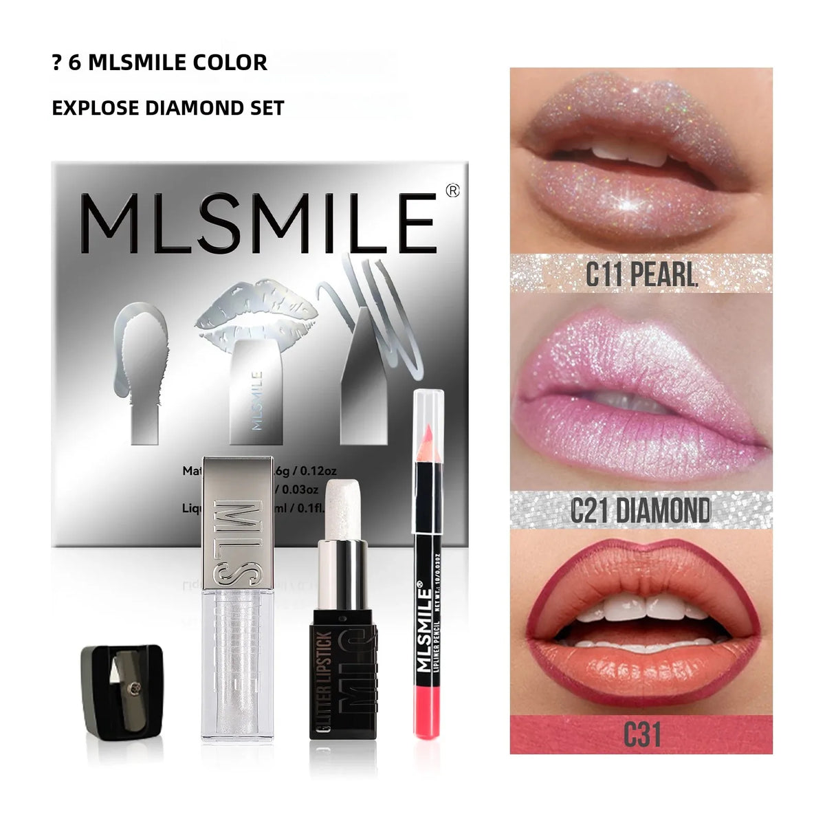 MLSMILE Diamond Lip Gloss, Matte Liner & Lipstick Kit
