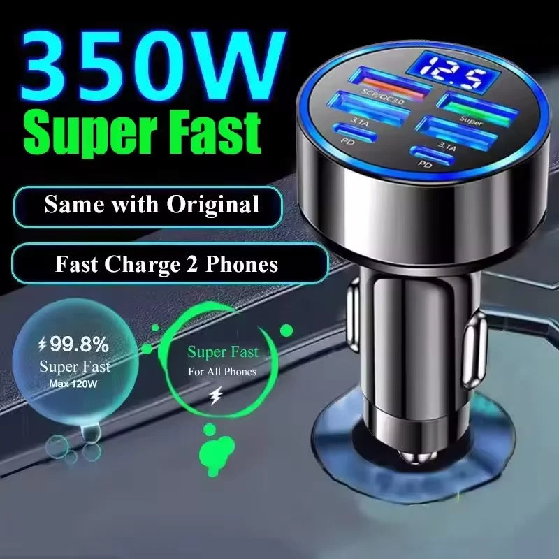 6-in-1 120W Car Charger PD QC3.0 USB-C Fast Charge Adapter Car Charger Adapter PRIMED