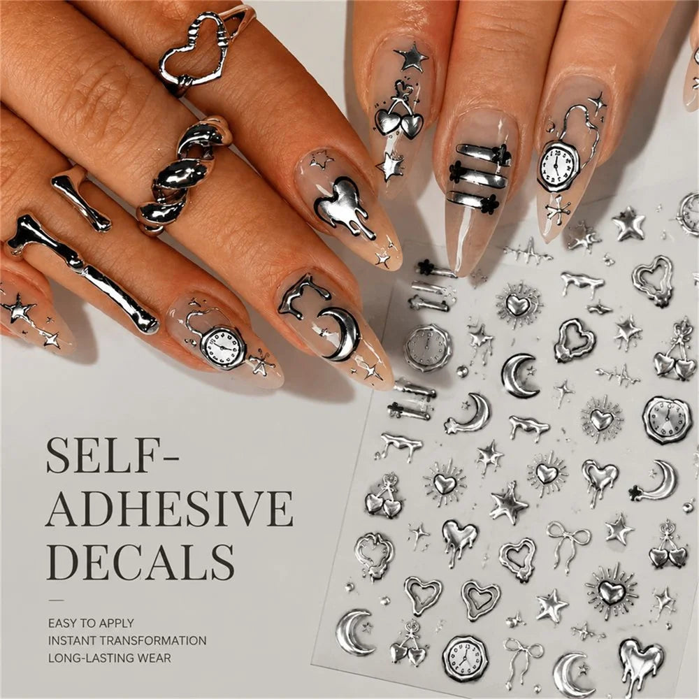 Punk Y2K 5D Silver Nail Stickers – Gothic DIY Nail Decals