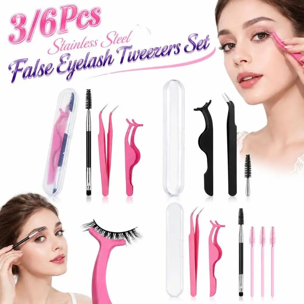 Stainless Steel Tweezers Set 3/6Pcs – Eyebrow & Eyelash Tool