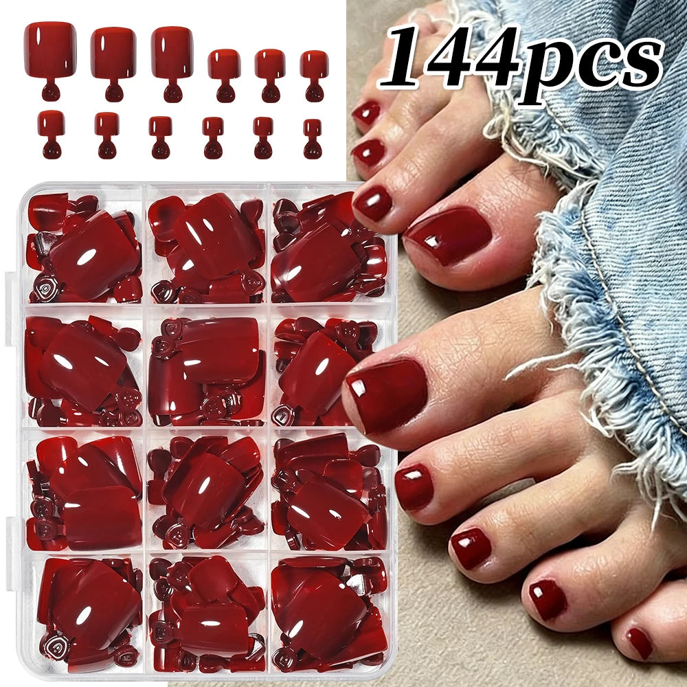 144Pcs Red Press-On False Toenails | Short DIY Full Cover Tips