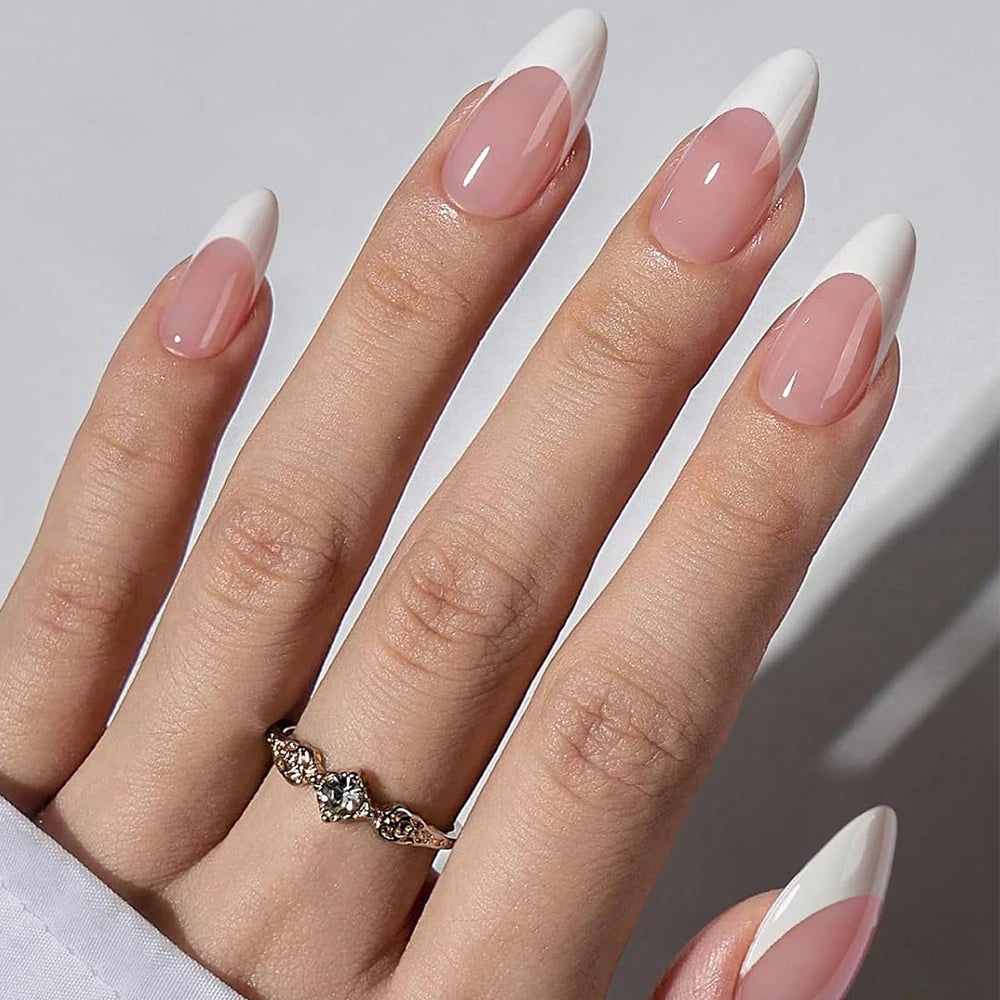 360-Piece Glossy Press On Nails – Pink French Almond Tips Box