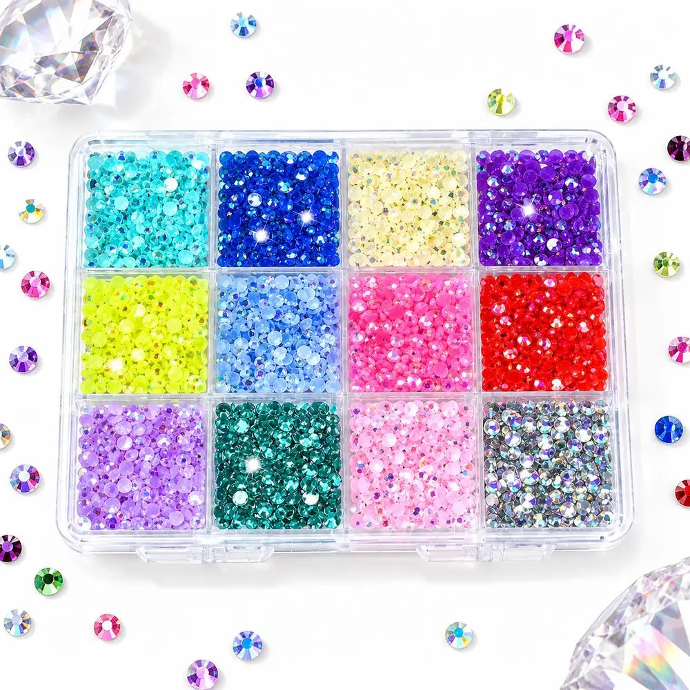 12-Grid Multi-Color Nail Rhinestones Set | Round Acrylic Gems Nail Art Rhinestones PRIMED
