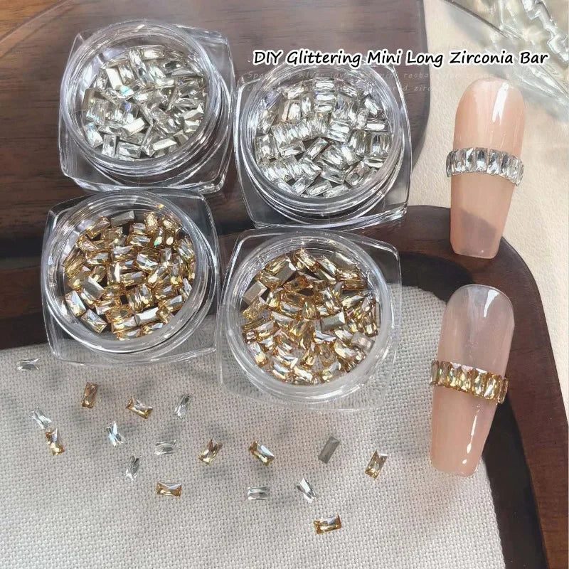 50Pcs Rectangular Zirconia Nail Rhinestones 2×4mm Clear & Champagne Nail Art Rhinestones PRIMED
