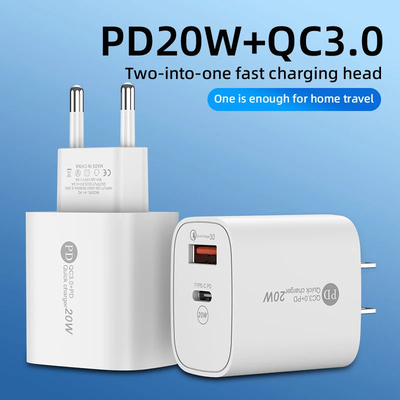 PD 20W Dual Port USB-C & USB-A Fast Wall Charger QC3.0 Wall Charger Adapter PRIMED