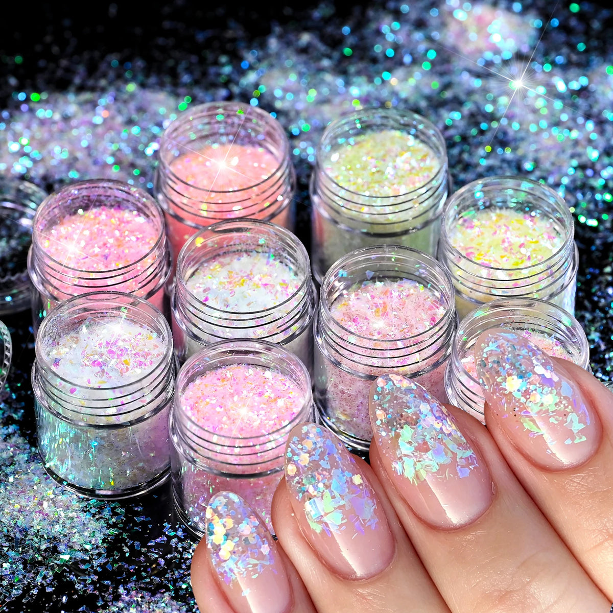 9-Bottle Iridescent Nail Glitter Sequins Set | Mirror Flash Flakes Nail Glitter Set PRIMED