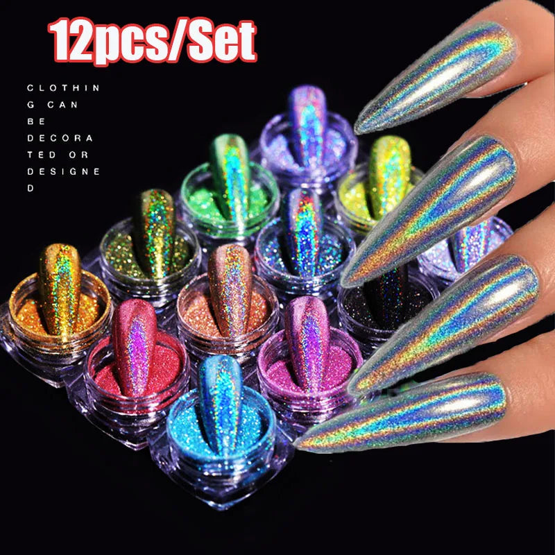 12-Jar Holographic Glitter Nail Powder Set – Mirror Manicure Nail Glitter Powder PRIMED