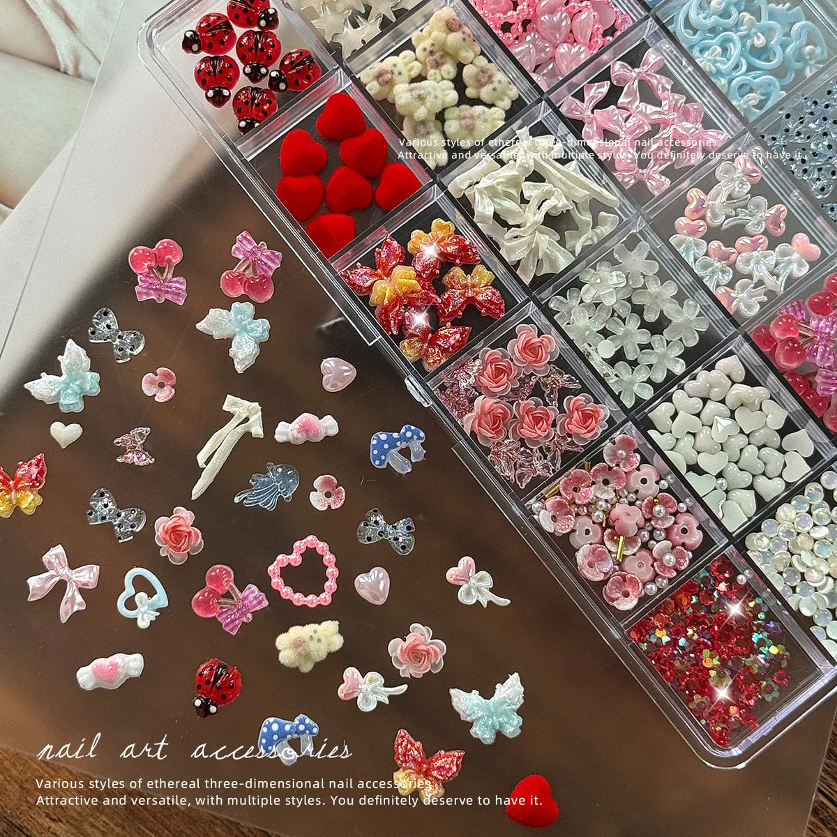 24-Grid 3D Nail Charms – Bows, Butterflies & Crystal Flowers Nail Art Charms PRIMED