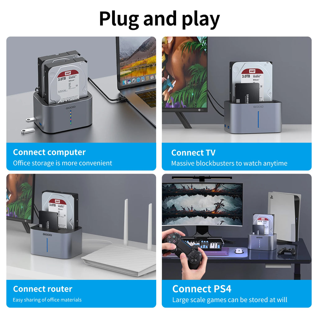 GODO Dual Bay HDD Docking Station SATA USB 3.0 Offline Clone HDD Docking Station PRIMED