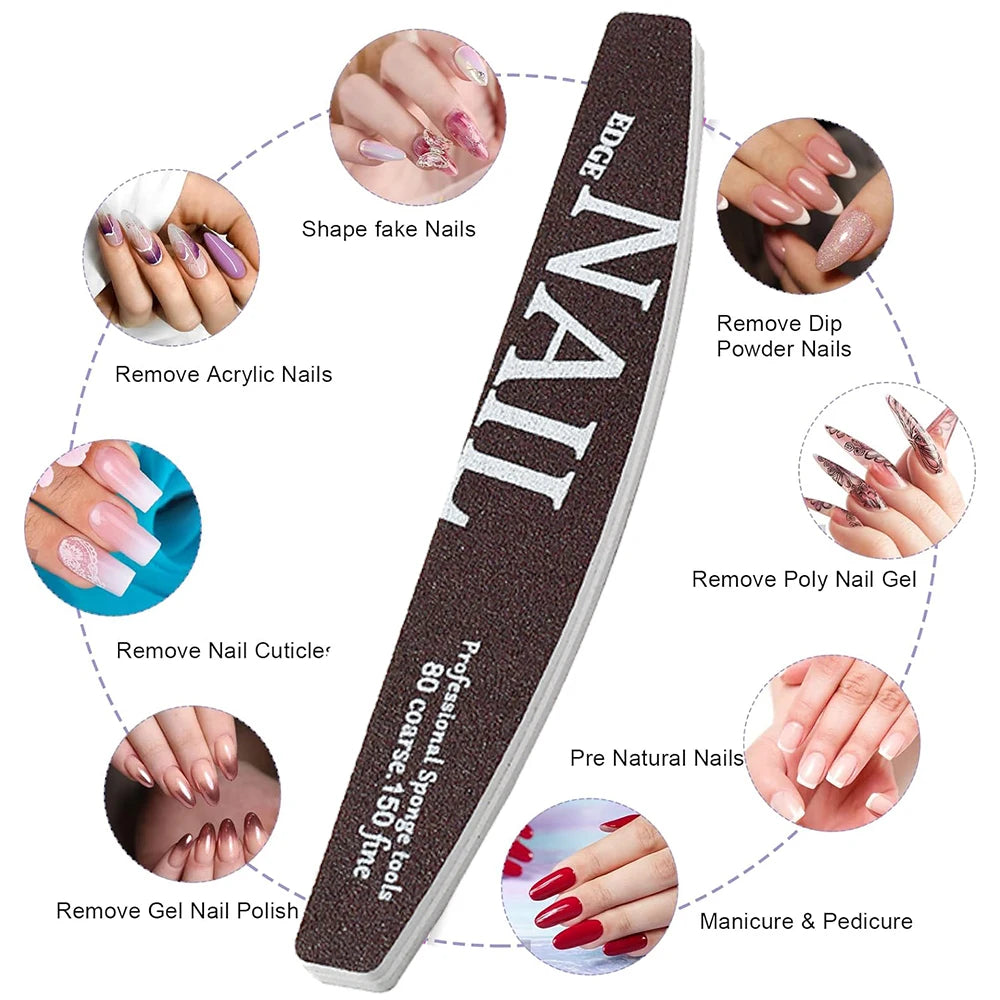 JEARLYU Half-Moon Nail File 80/150 Grit | 2/5/10 Pack Nail File Buffer PRIMED