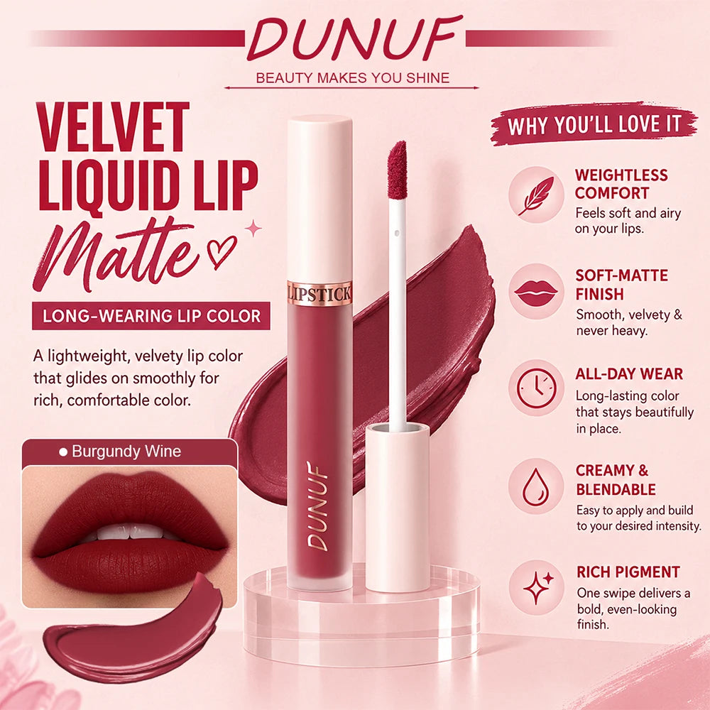 DUNUF 3-Pc Matte Velvet Liquid Lipstick Set – Wine Red & Nude Liquid Lipstick Set PRIMED