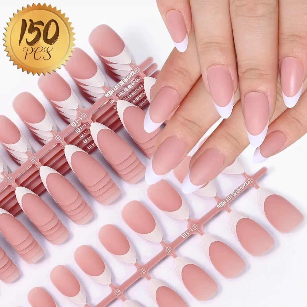 150Pcs Matte Almond Press On Nails – French Nail Tips Set