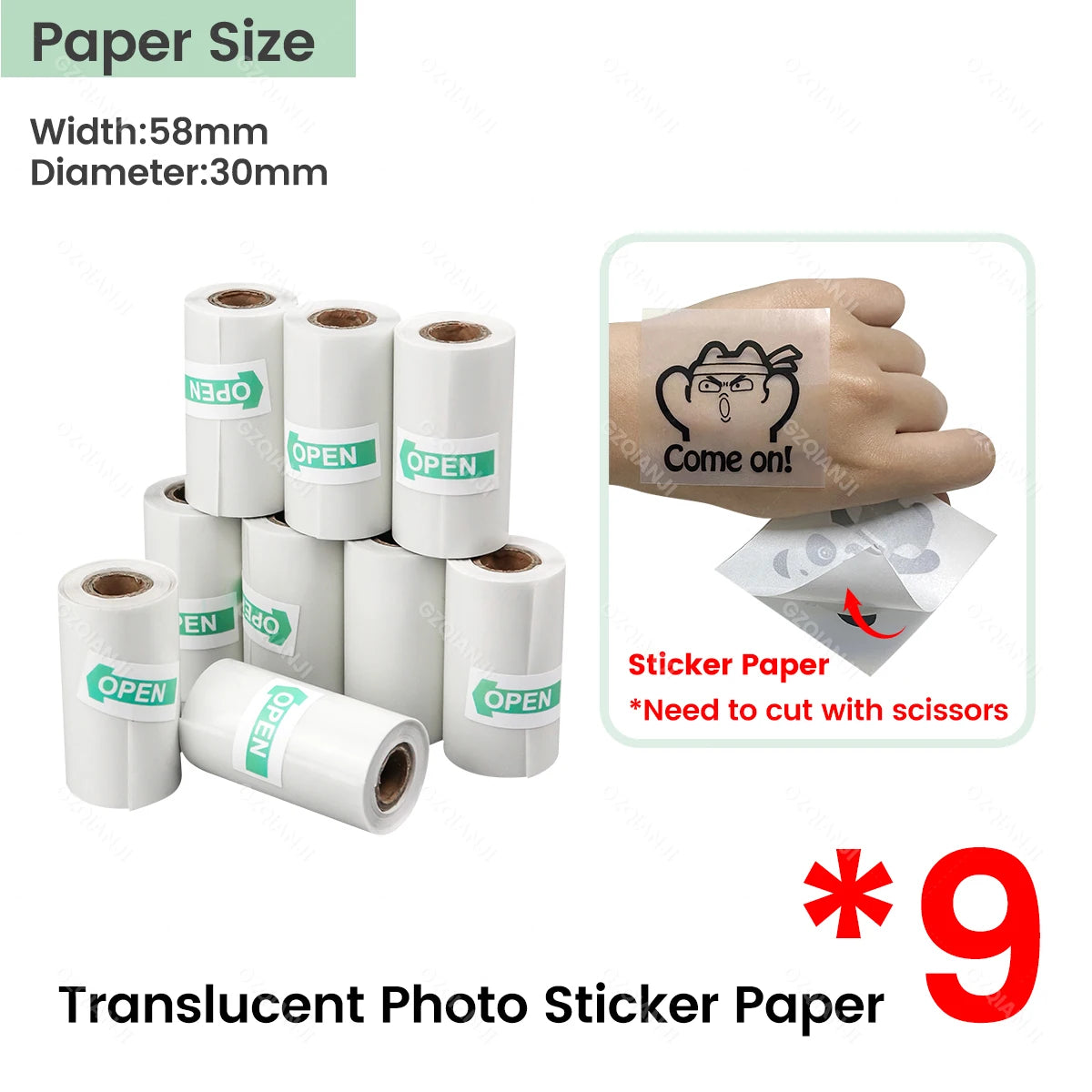 Translucent 58mm Thermal Sticker Paper Rolls 57x30mm | Mini Printer Thermal Sticker Paper PRIMED 9Rolls Trans Sticker