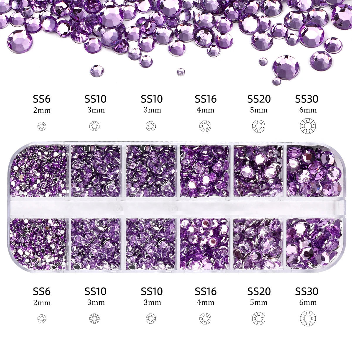 Mixed Size Flatback Glass Rhinestones 12-Grid Box SS6–SS30