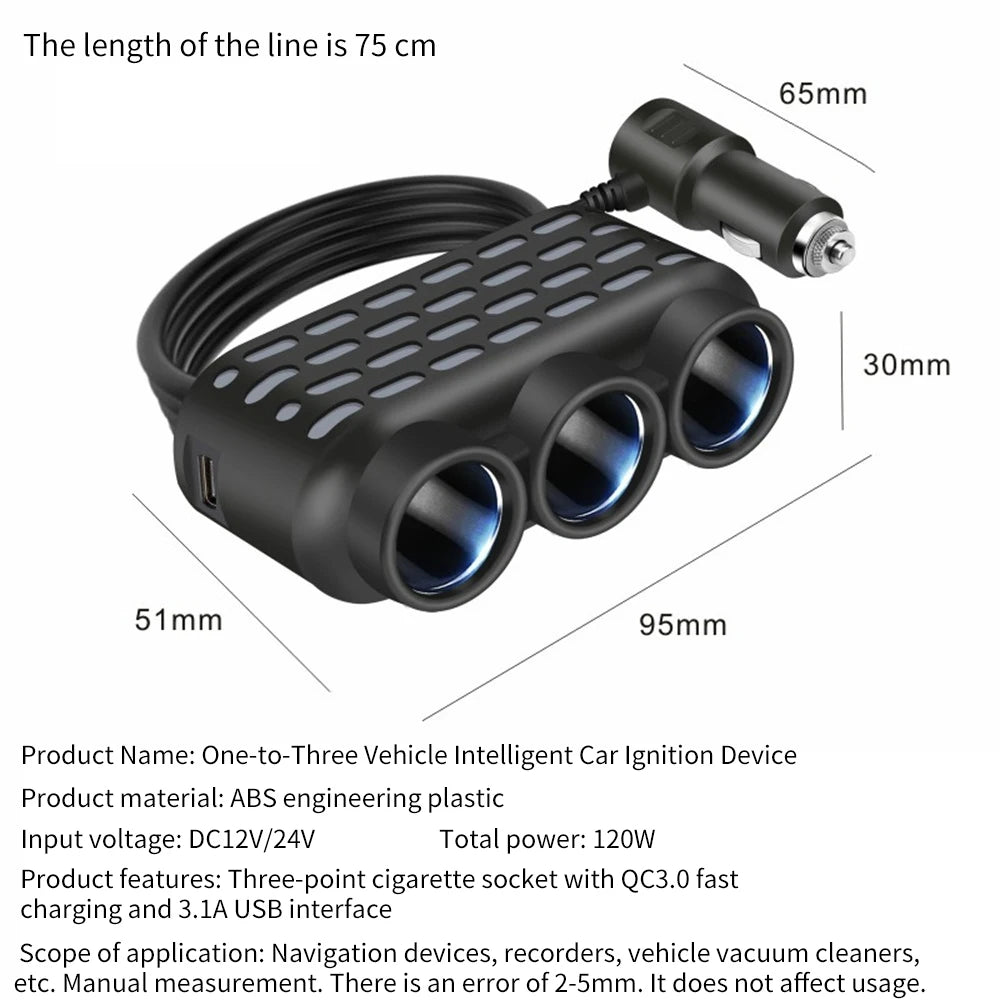 120W 3-in-1 USB-C Car Cigarette Lighter Splitter | Fast Charge Car Charger Adapter PRIMED