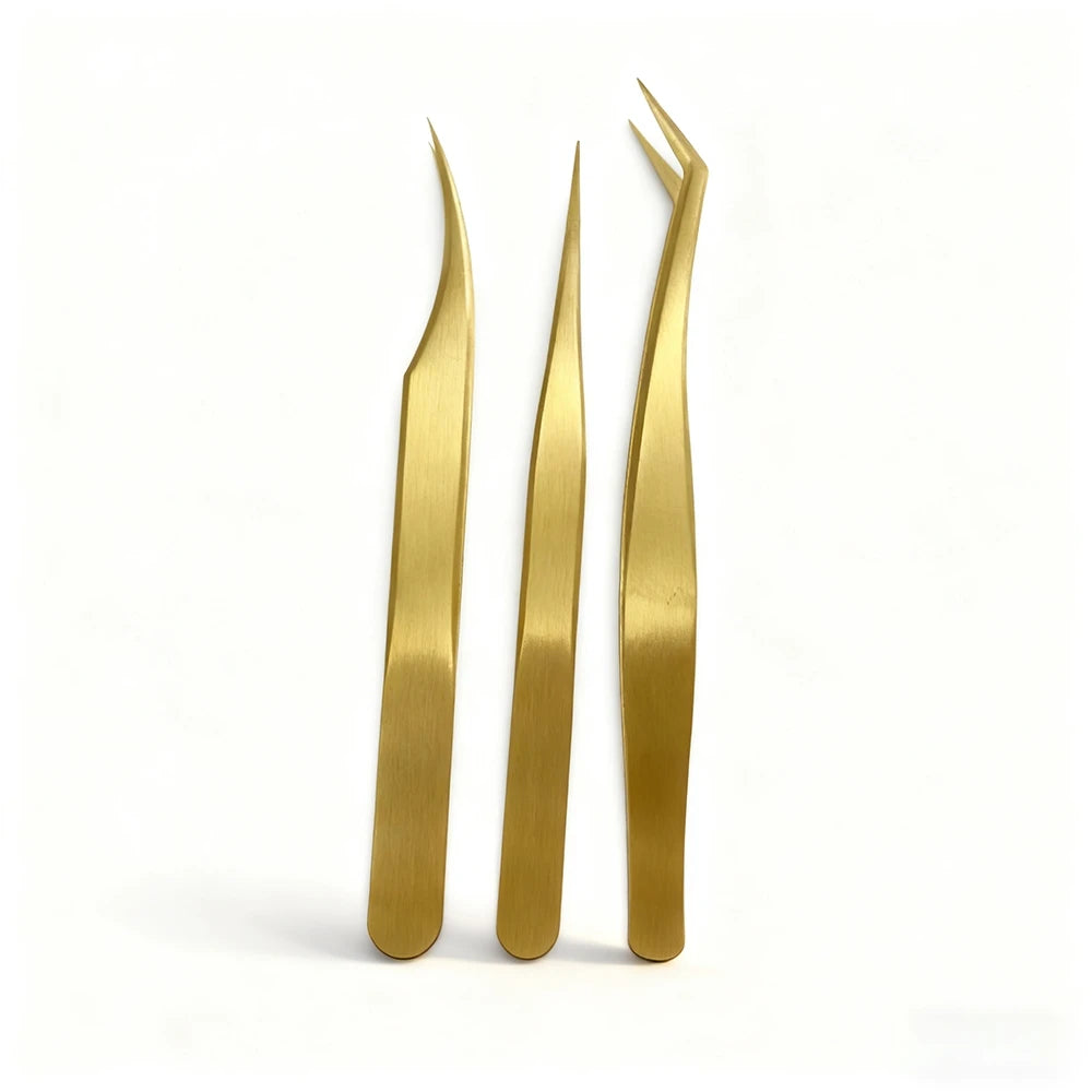 Ouriner Golden Eyelash Tweezers Set – Stainless Steel Lash Tool Eyelash Tweezers Set PRIMED 3 Pcs Set