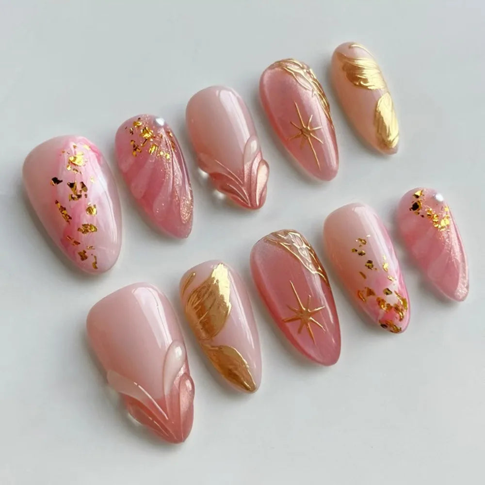 Long Almond Press On Nails – French Aurora Gilding Flower Tips