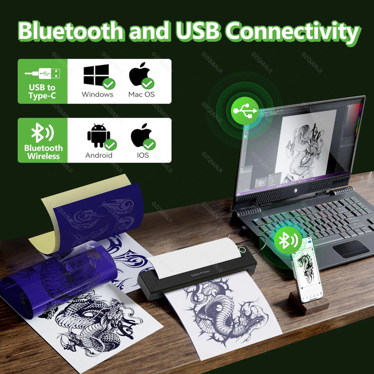 A4 Bluetooth Tattoo Stencil Thermal Printer 203DPI – GZQIANJI Tattoo Stencil Printer PRIMED