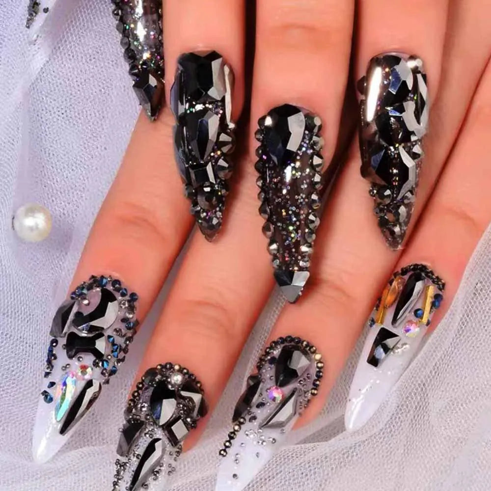 12-Grid 3D Black Nail Rhinestones – Mixed Crystal Shapes Set Nail Art Rhinestones PRIMED