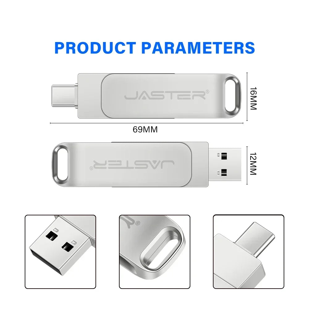 JASTER 2-in-1 Type-C USB Flash Drive 8GB–64GB Metal Stick USB Flash Drive PRIMED