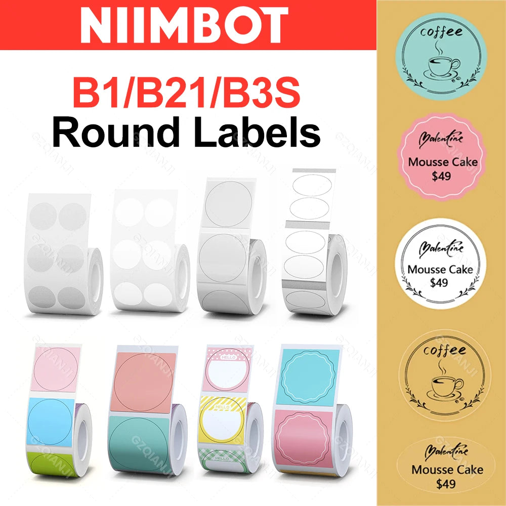 Niimbot Round White Label Rolls for B1 B21 Printer | Multi-Size Label Sticker Rolls PRIMED