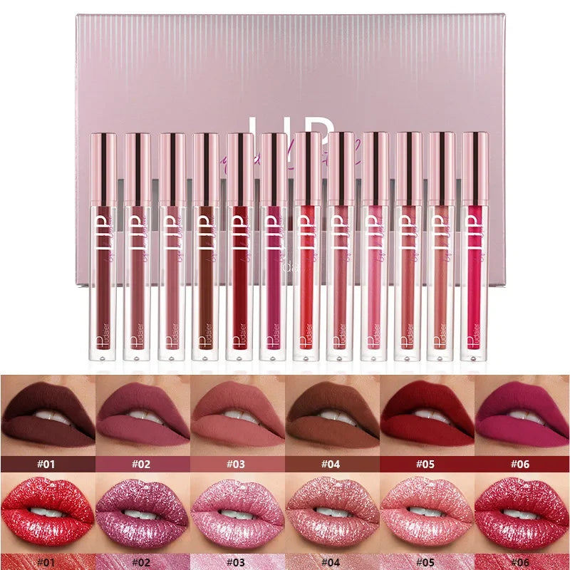 Pudaier 12-Color Matte Glitter Liquid Lip Gloss Set – Nude