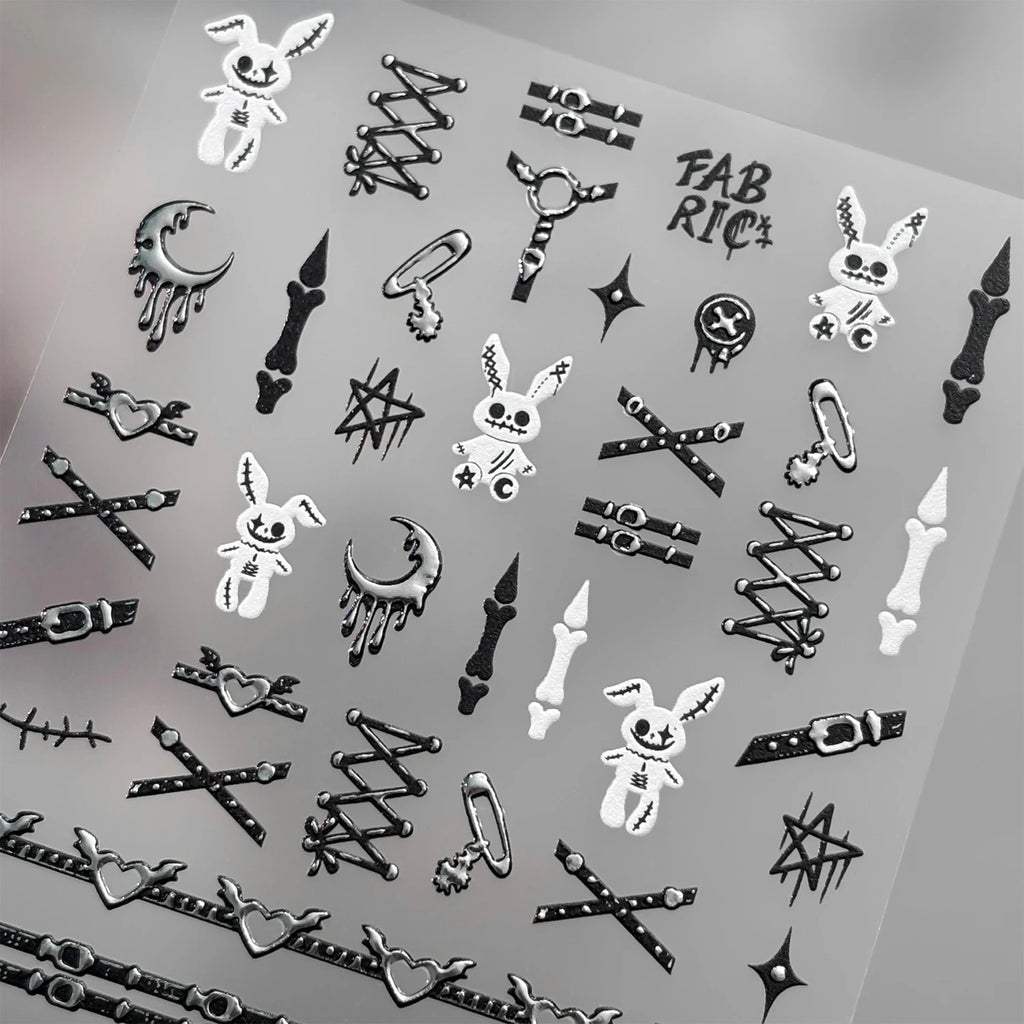 Gothic Punk 3D Nail Stickers – Silver Embossed Halloween Decals Nail Art Stickers PRIMED