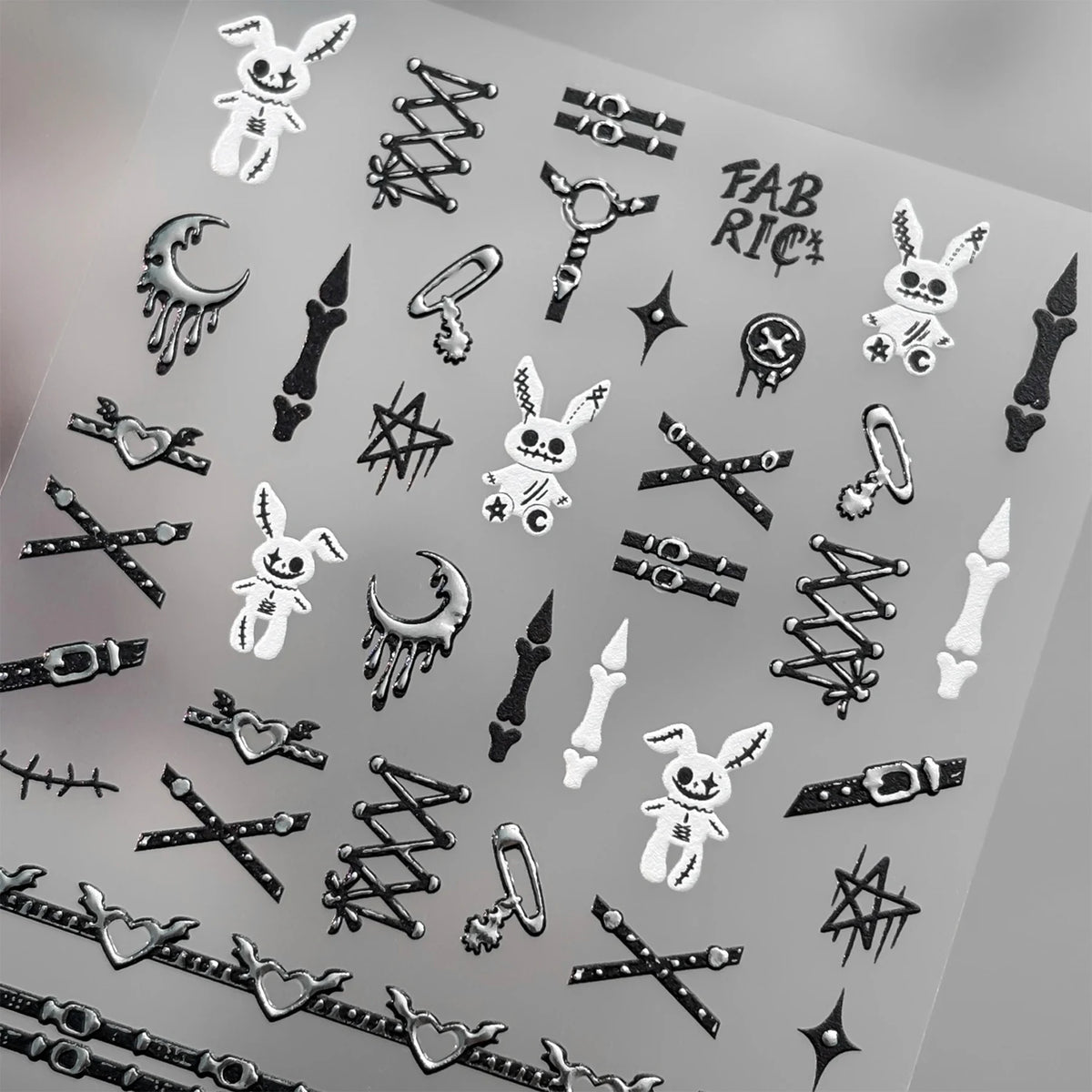 Gothic Punk 3D Nail Stickers – Silver Embossed Halloween Decals Nail Art Stickers PRIMED