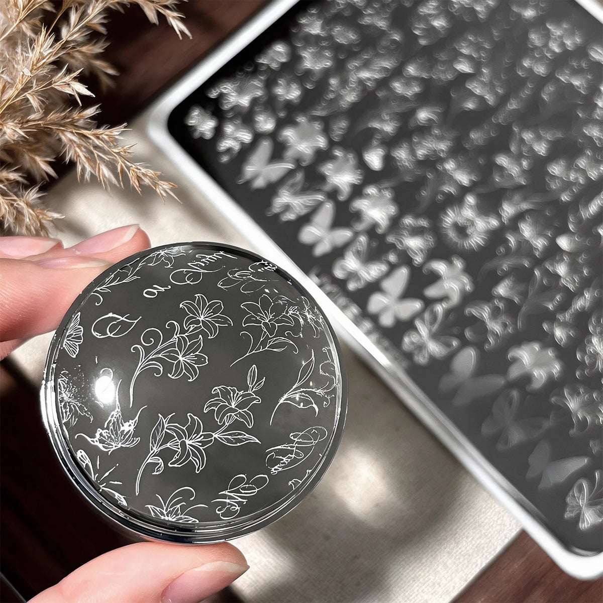 Lily & Butterfly Nail Stamping Plate – Floral Steel Template Nail Stamping Plate PRIMED