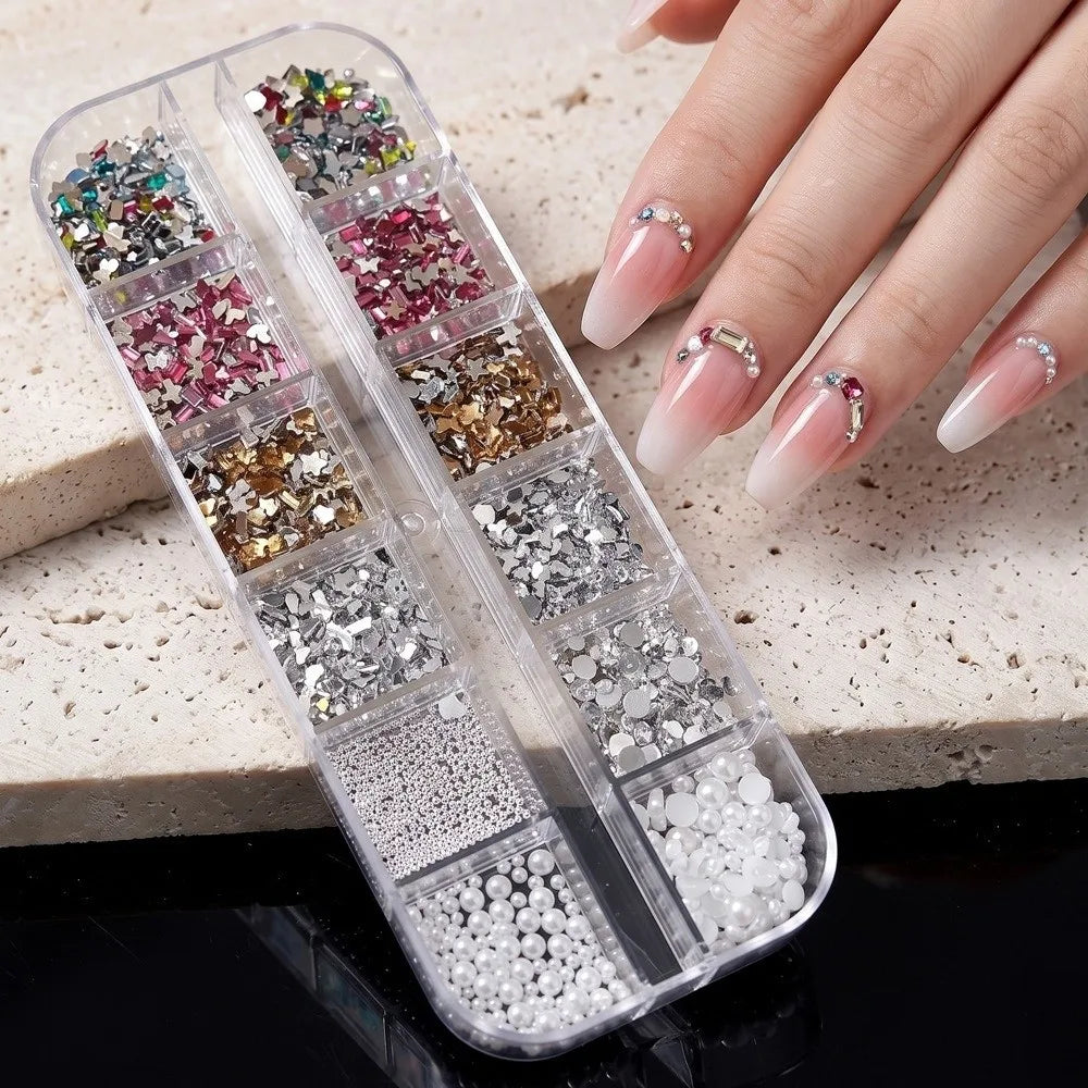 12-Grid Nail Rhinestone Kit – 3D Crystal Gems & Caviar Beads Nail Art Kit PRIMED