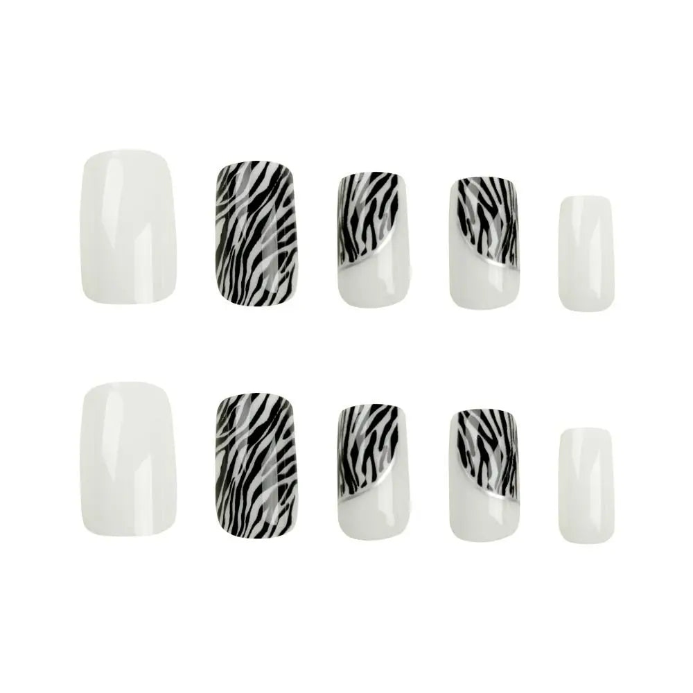 Long Square Press-On Nails – Zebra Stripe French Rose Red