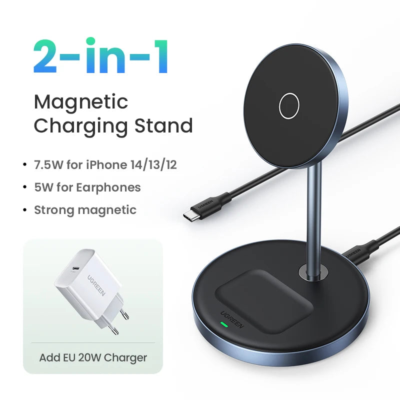 UGREEN 2-in-1 Magnetic Wireless Charging Stand 20W iPhone & AirPods Wireless Charging Stand PRIMED Add EU Charger CN