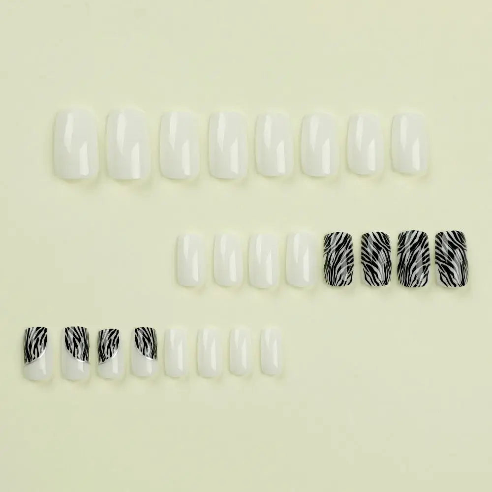 Long Square Press-On Nails Zebra Stripe Rose Red French Tips 24pc