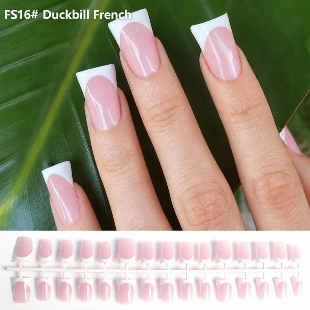 French Duckbill Press-On Nails White Pink Y2K Style 30 Pcs