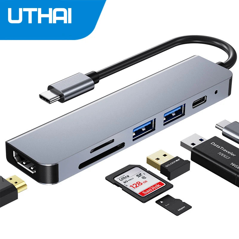 UTHAI 6-in-1 USB-C Hub – 4K HDMI, USB 3.0, SD/TF, PD