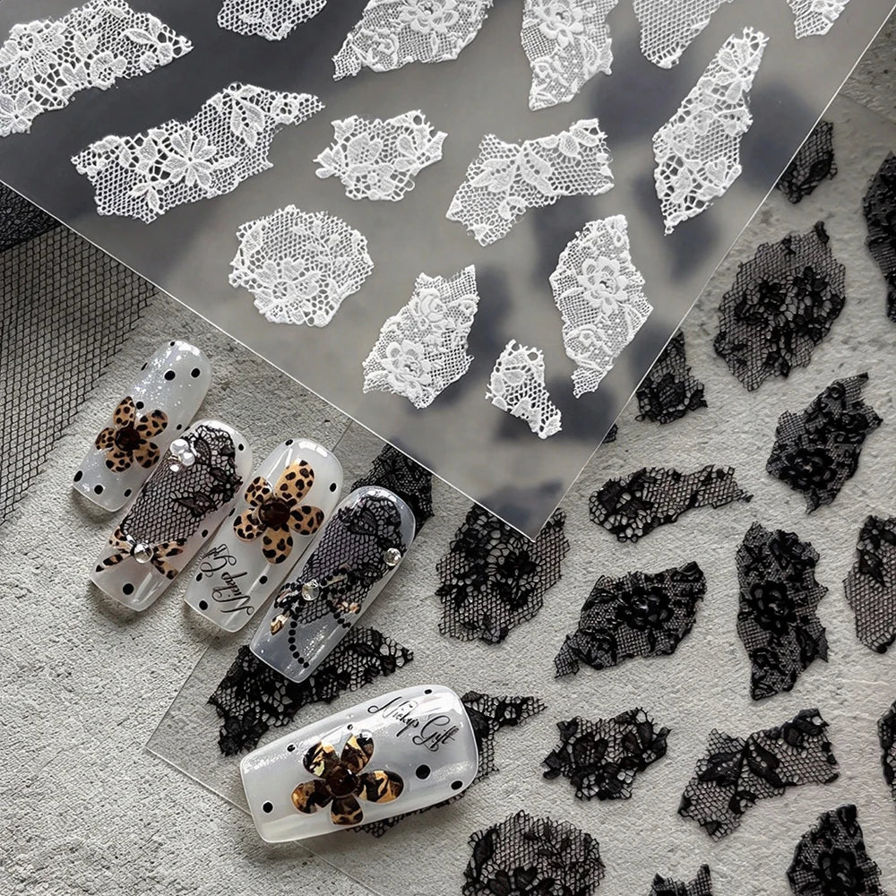 Retro Lace Nail Art Stickers – Leopard Floral Bow Decals