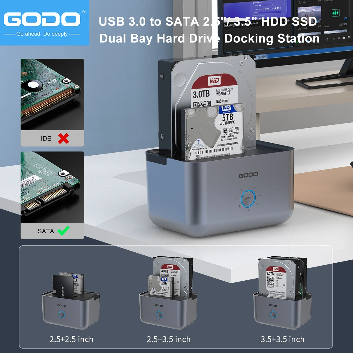 GODO Dual Bay HDD SSD Docking Station USB 3.0 Offline Clone HDD Docking Station PRIMED